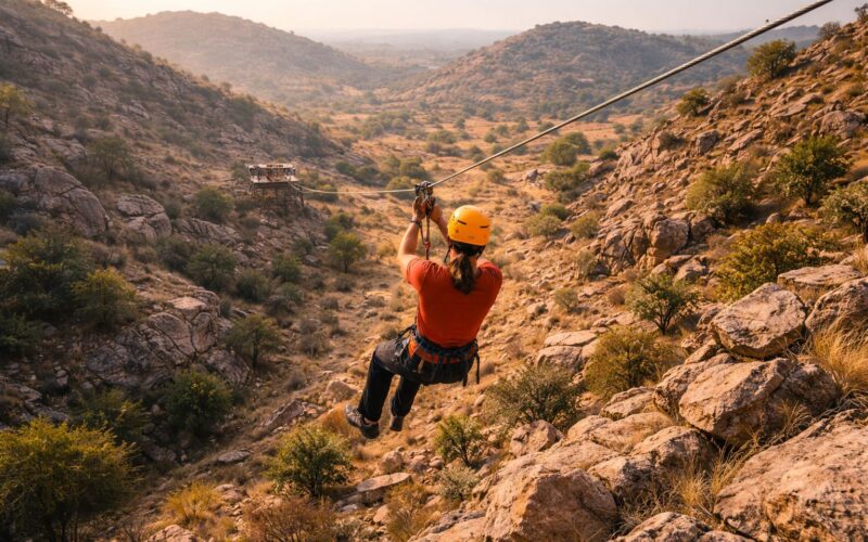 Gurgaon professionals ziplining across Aravalli ridge near Sohna Road